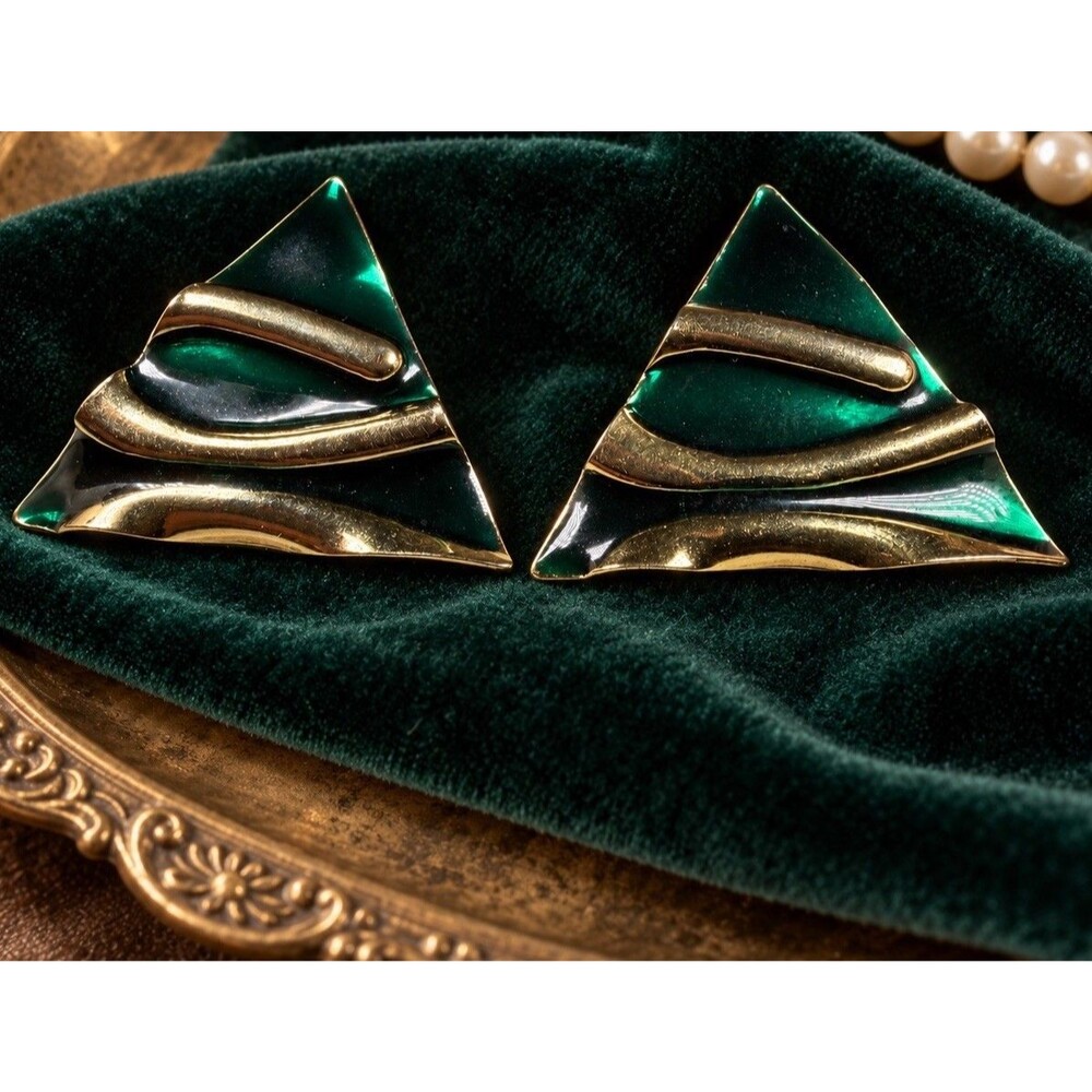 Vintage 1980s Green Enamel Gold Tone Triangle Statement Pierced Earrings
